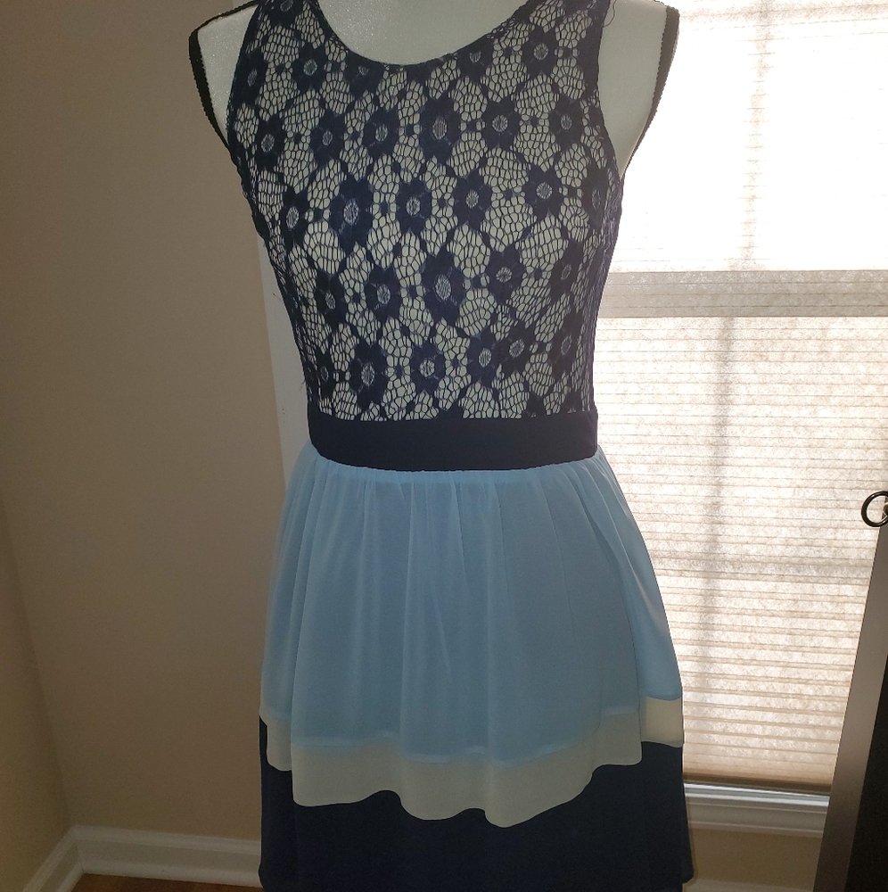 Blue and White Lace Dress with Zipper Back